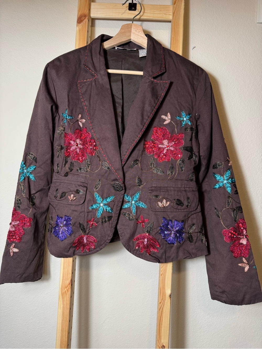 Vintage New Direction Embroidered Floral Sequin Blazer Jacket Brown L